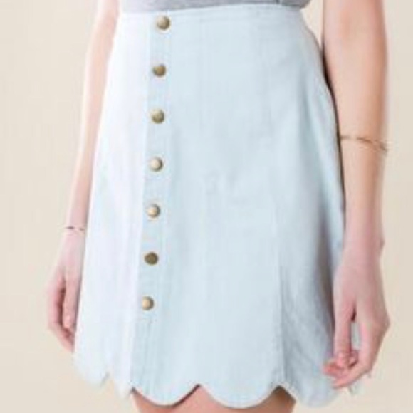Francesca's Collections Dresses & Skirts - Light Blue Denim Button Long-ish Scalloped Skirt